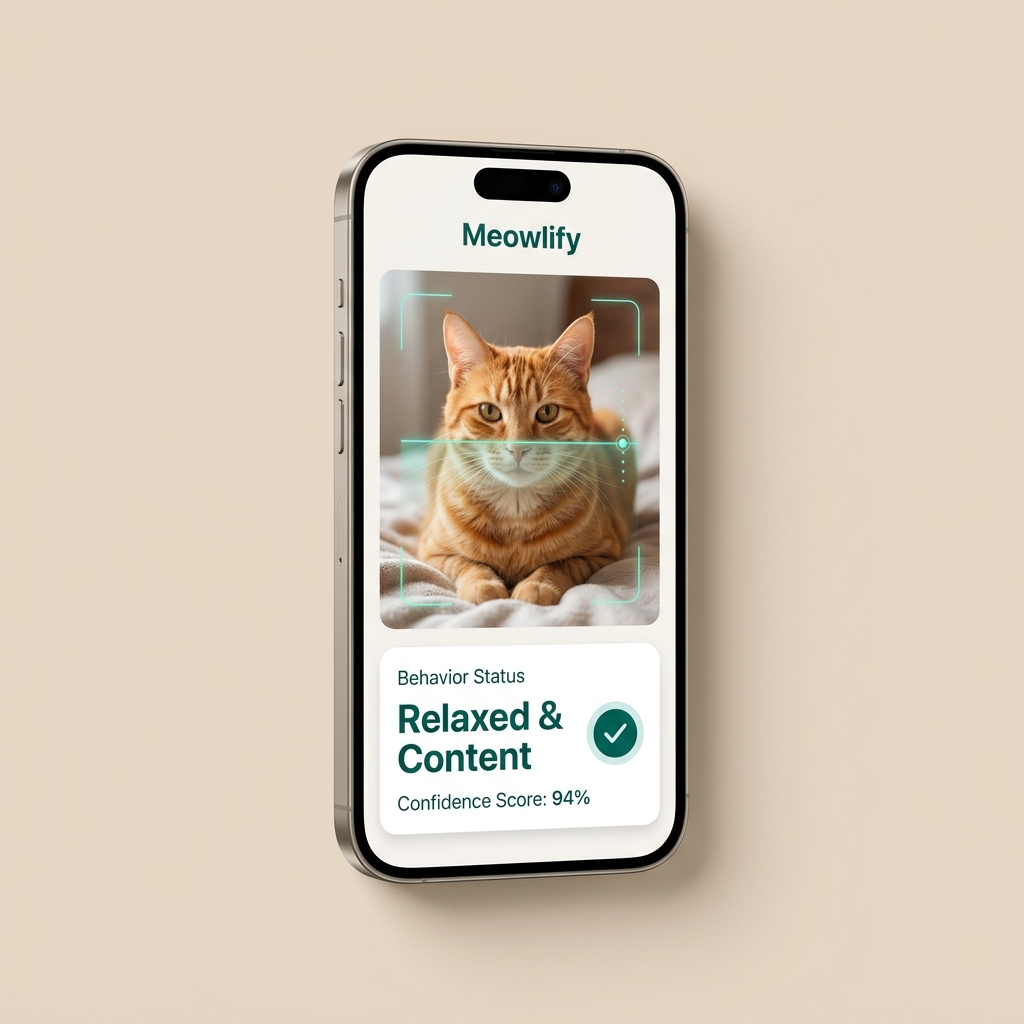 Meowlify app showing AI-powered cat behavior analysis with a behavior insight card